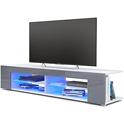 Vladon Meuble TV Armoire Basse Movie, Corps en Blanc Mat/Façades en Gris Haute Brillance avec l'éclairage LED en Bleu