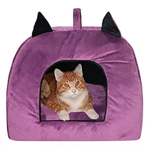 Hiputee Velvet Cat Pet Hut ? Washable ,Comfortable, Portable House for Cats and Kittens (Medium, Purple-Black)