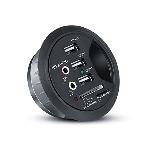 CSL - USB Tisch-Hub / In-Desk-Hub | Tisch-Kabeldurchführung mit Multi-Cardreader / Tischkabeldose | USB Hub / 2x Audioanschluss | 3x USB 2.0 / 1x microSD / 1x SDXC/RSMMC