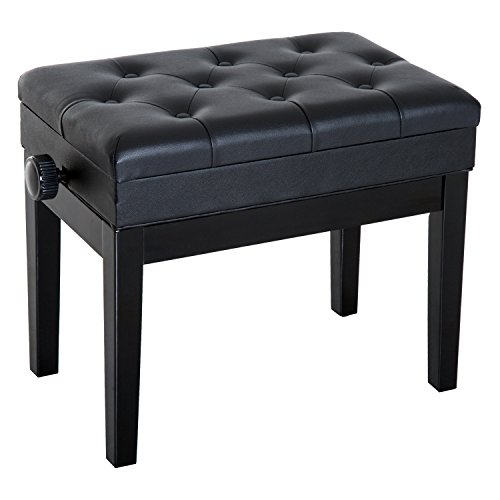 Homcom Banco de Piano Tipo Taburete con Espacio de Almacenamiento y Altura Regulable - Color Negro - Madera Cuero Espuma - 54.5x33x48-58 cm