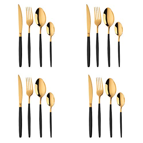 16 pezzi Set di Posate PVD Oro con Manico Rivestito Nero Acciaio Inossidabile Set di Posate, Bisda Vasellame Servizio per 4