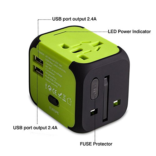 Milool universellen Reise-Adapter mit Doppel USB-Ports aus 150 Ländern weltweit US UK EU AU Universal fusionierten Sicherheit AC-in einem Ladegerät(Grün) - 6
