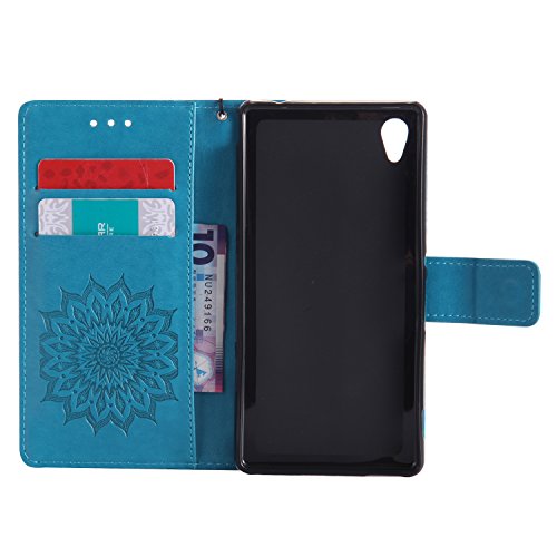 Sony Xperia M4 Hülle,Sony Xperia M4 Leder Sonnenblumen Hülle,Sony Xperia M4 Lanyard Wallet Schutzhülle,BONROY® Retro geprägte Sonnenblumen Muster PU Leder Flip Hülle Wallet Case Tasche Cover Handytasche Schutzhülle Lederhülle Handyhülle in Book Style Stand Case mit Kredit Kartenschlitz für Sony Xperia M4-blau - 7