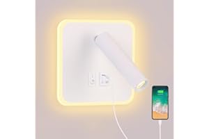 ERWEY Kinkiet LED 8 W lampka nocna do czytania Lampa ścienna z regulowanym reflektorem (3W 4000K +5 W 3000K) z portem ładowania USB (kwadrat, biały)