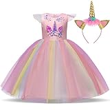 Unicornio vestido de tul con diadema. Sin mangas y cuello redondo, cierre de cremallera oculta en la espalda. Con lindos apliques de unicornio, decorados con brillantes cuentas, lo que lo convierte en un encantador vestido de princesa de unicornio para realizar el sueño de la princesa de niña.