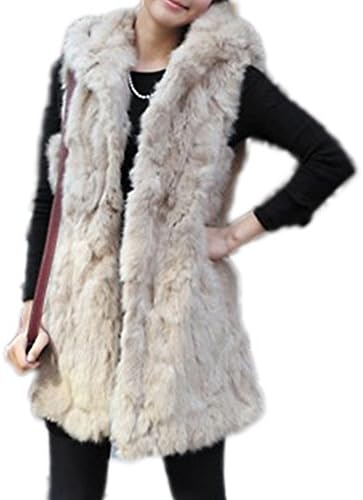 Women Sleeveless Hoodie Faux Rabbit Hair Long Waistcoat Vest Apricot M