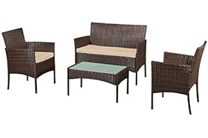 BUYER EMPIRE Rattan Garden Furniture Set Outdoor Lounge Poolside Family Lawn Furniture 4 Piece Set Table Chair Sofa Grey Brown Black Patio (Brown)