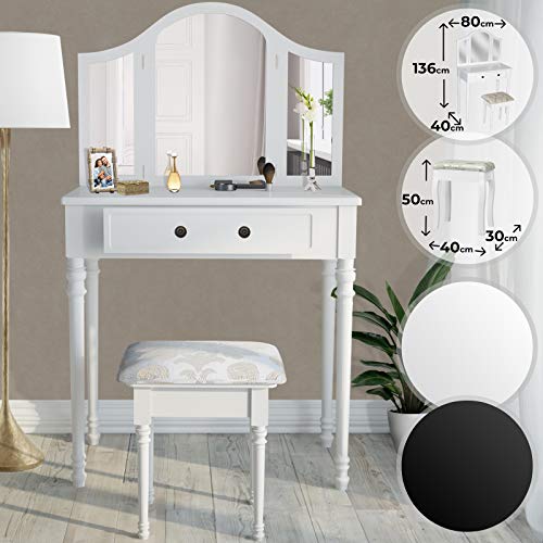 MIADOMODO Coiffeuse Table de Maquillage - 80/40/136cm Blanc ou Noir 3 Miroirs et Tabouret - Meuble, Femme, Moderne