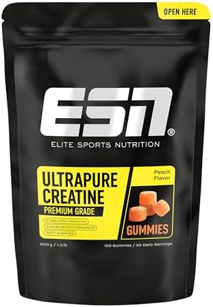 ESN Ultrapure Creatine Gummies, 120 caramelle gommose, 30 porzioni, gusto pesca, con 3,4 g di creatina monoidrato per porzione giornaliera