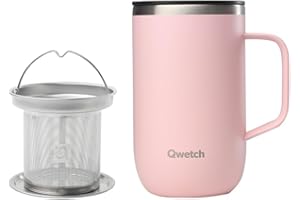QWETCH - Mug Isotherme Inox Recyclé avec Anse & Filtre Infuseur Pastel Rose - Tisanière Isotherme 470ml - Thermo Café & Thé - 6h Chaud & 12h Froid - Bouchon Coulissant Anti-Éclaboussures