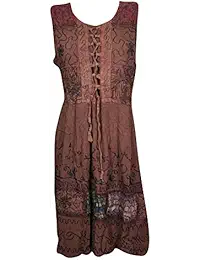 Indiatrendzs Womens Sleeveless Western Dresses Embroidered Lace up Summer Holiday Dress M/L (Brown-1)