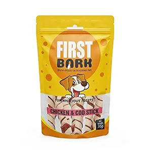 FirstBark Chicken Jerky Dog Treats, Human Grade High Protein Chicken, Fully Digestible Healthy Snack & Training Treat, Free from by-Products & Gluten, Chicken & Cod Stick (3 X 70g)