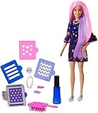 barbie haare waschen Alter: 7+ Barbie FHX00 Haarfarben-Spaß Puppe (lila Haare) mit Farbwechsel inkl. Accessoires und Schablonen und Galaxie-Print Kleid, ab 5 Jahren