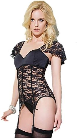 Sexy Lingerie - Ladies Black Lace Underwear Vest Short Sleeve V-Neck Bra Garter Skirt Pajamas Mini Lingerie