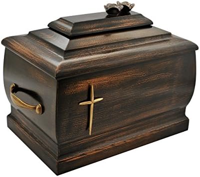 Dark Walnut Wood Casket with Roses and Brass Cross Funeral Cremation Ashes Urn Adult (206c)