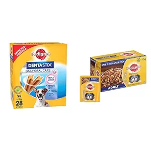 Pedigree Dentastix Small Breed (5-10 Kg) Oral Care Dog Treat (Chew Sticks) (28 Sticks) 440G Monthly & Adult Wet Dog Food, Grilled Liver Chunks Flavour in Gravy with Vegetables, 15 Pouches ( 15