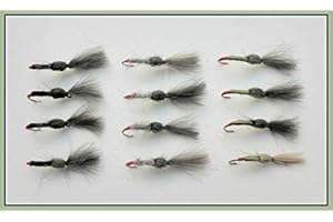 TROUTFLIESUK Shuttlecock Trout Fishing Flies, 12 Pack, Olive, Black & Hares Ear, Choice
