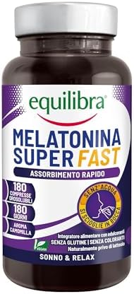 Equilibra Integratori Alimentari, Melatonina Super Fast, per Ridurre il Tempo per Prendere Sonno, con Assorbimento Rapido, Senza Bisogno di Acqua, Aroma Camomilla, Vegan, 180 Compresse Orosolubili