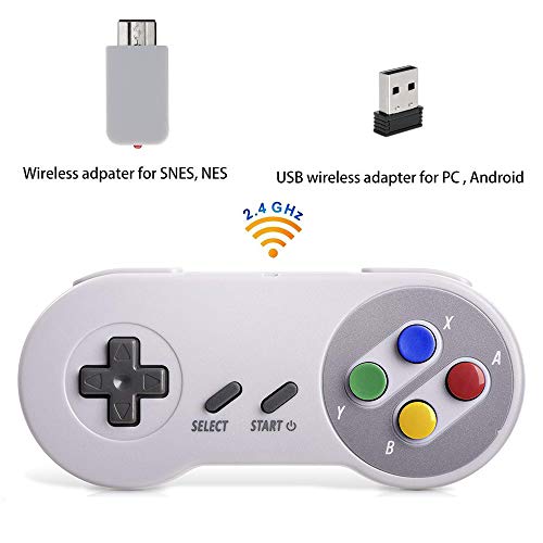 Mando inalámbrico para Super NES Classic Edition&NES Classic Edition, HonWally 2.4 GHz USB Game Pad para PC, Raspberry PI (S, Windows, Linux,Android) Doble Adaptador inalámbrico