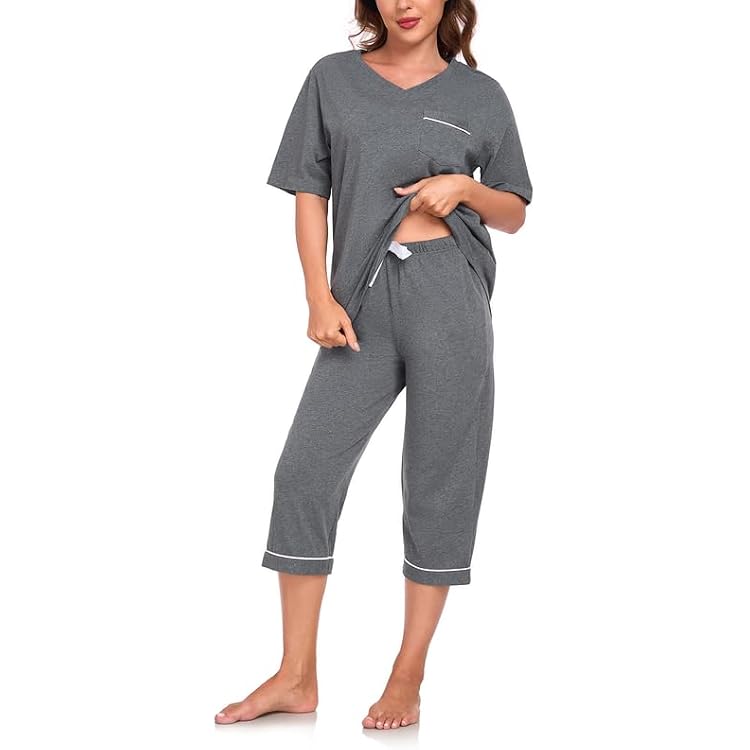 MoFiz Damen Schlafanzug Set – Kurzarm Top & Capri-Hose, Weich, Aus Viskose, Kariert