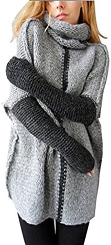 Yeesea Women's Casual Loose Turtleneck Sweater Patchwork Long Sleeve With Thumb Hole Jumpers Pullovers Knitwear Grey Small