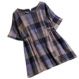 iHENGH Damen Top Bluse Bequem Lässig Mode T-Shirt Frühling Sommer Blusen Frauen Kurzarm Kariertes Baggy Top Lässige Tunika
