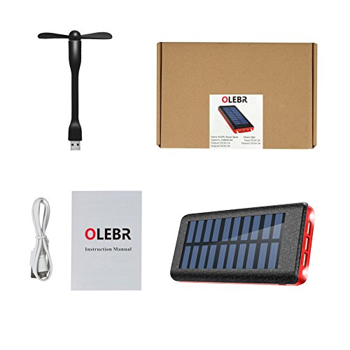Bater  a Externa Power Bank 24000mAh   Cargador Solar de OLEBR con puerto de alta velocidad  2 LED ligeros  3 puertos de carga USB de alta velocidad para iPhone  iPad  Samsung Galaxy   androide y otros dispositivos-Red