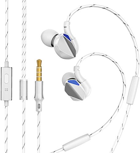 Sports Earphones Wired,Aiwoxing D2 In Ear Headphones with Mic and Ear Hook,Noise Isolating Sweatproof Runing Workout Earbuds for iPhone Sony Samsung iPad iPod Android Smartphone (White and Silver)