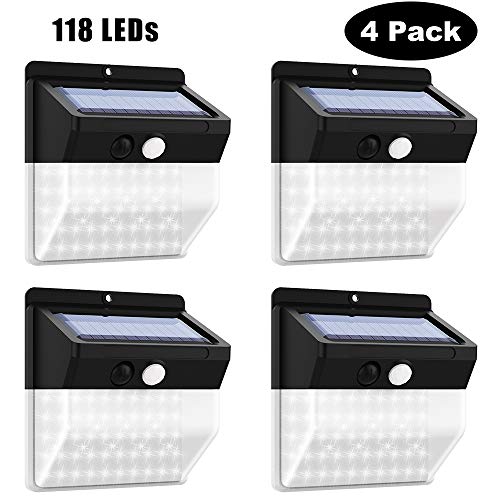 Luz Solar Exterior 118 LED Foco Solar Exterior con Sensor de Movimiento Impermeable Gran Ángulo 270º de Iluminación Luces Solares 3 Modos Inalámbrico Lámpara Solar para Jardín, Garaje, 4 Piezas