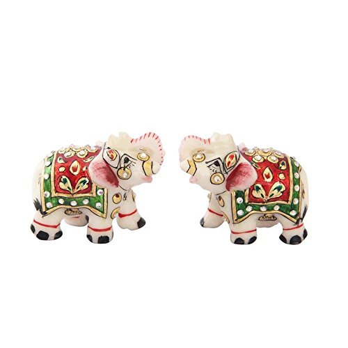 Handicrafts Paradise Elephant Pair in Marble with Meena Work in Red Color 2inch