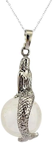 Cailespi Womens Natural Crystal Amethyst Rose Quartz Round Beads Mermaid Pendant Necklaces 18"