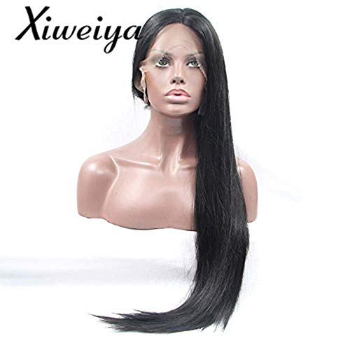 Alta calidad aspecto natural 1B negro largo Silky recto pelucas con centro parting sintético Lace Front Peluca Resistente Al Calor Cable de pelo