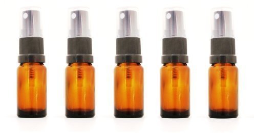 Pack of 5 x 15ml Amber Glass Bottle with BLACK Atomiser/Spray Top. Ideal for essential oils, aromatherapy blends, flower waters, homeopathic remedies. Perfect travel size bottles with sprayer/atomiser.