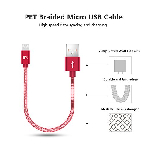 Micro USB Kabel, MK PET Geflochtene Tangle-Free Hohe Geschwindigkeit Datenkabel Ladekabel mit Metallstecker für Android Smartphones, Samsung, HTC, Huawei, LG, Sony, Nexus, Nokia und Mehr (0.66ft / 0.2m, Rot) - 2