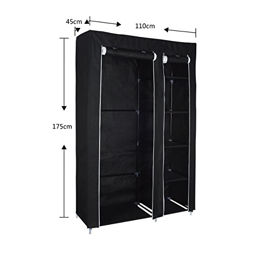 Harima Keep Deluxe Stoff-Kleiderschrank, 2-türig, faltbar, leicht, mit Hängestange und Regalfächern, Schwarz mit 5 Kleiderbügel inklusive - 7