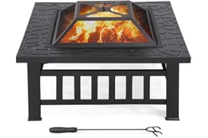 Abician Brasero Extérieur en Métal, Brasero de Jardin Carré pour Chauffage, avec Couvercle et Tisonnier, Camping, Piscine, Patio, Jardin, Fête, 81,2 x 81,2 x 50 cm Noir