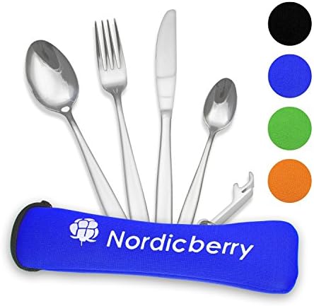 Nordicberry Premium Outdoor Travel and Camping Cutlery Set made of Stainless Steel with Neoprene Case - Ideal for travelling and on the go