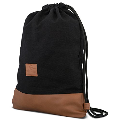 Turnbeutel Hipster Schwarz   Braun - JOHNNY URBAN  Luke  Canvas Gymsack Gym Bag Beutel Sportbeutel Rucksack f  r Damen   Herren mit Innentasche - Aus 
