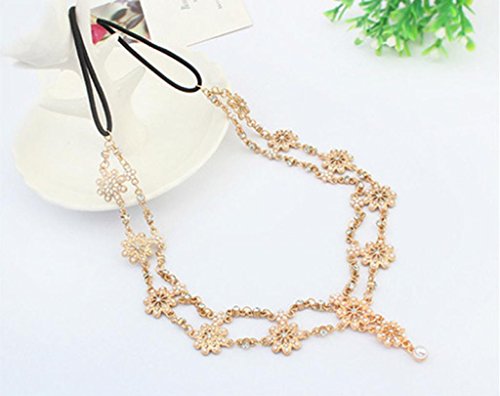 DDLBiz® Perlen-Troddel-Blumen-Ausdehnungs-Stirnband-Haar-Band-Kristallhaar-Kette Gold - 4