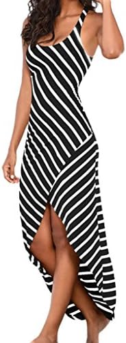 Women Summer Stripe Sleeveless Maxi Loose Beach Dress Wedding Party Casual Sundress (S, Black)
