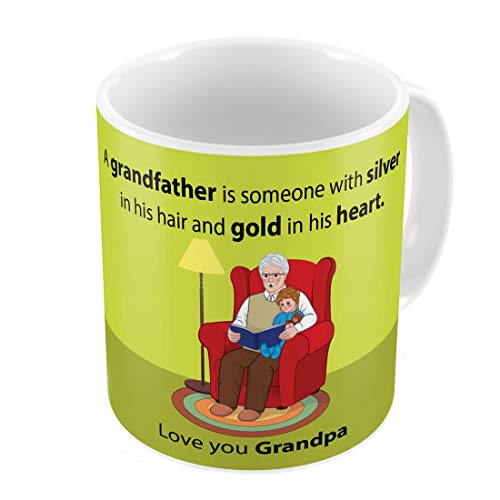 Indigifts Love You Grandpa Quote Grandfather Reading Story Book to Grandson Printed 330ml Ceramic Coffee Mug for Grandparents(White)