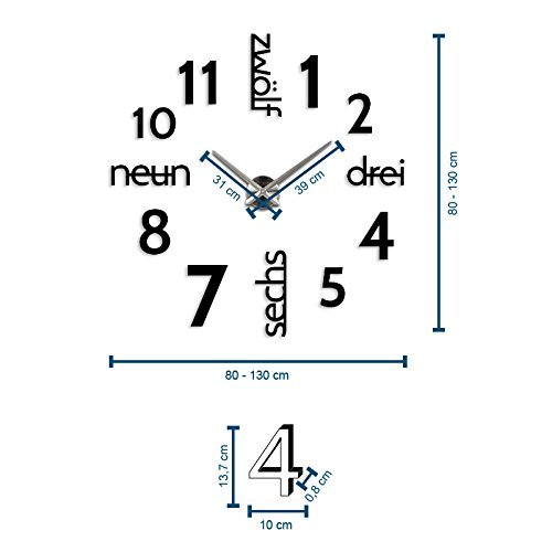 XXL 3D Silberne Riesen Designer Wanduhr Wohnzimmer Dekoration Wandtatoo mit deutschem Ziffernblatt aus Acryl - 7