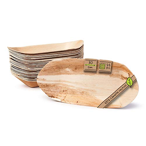 BIOZOYG Cuenco Hoja de Palma para Aperitivos I vajilla desechable Biodegradable, compostable I Cuencos para Servir, Salsa, Aperitivos I 25 Piezas Cuenco Fiesta Tipo Barco 30 cm