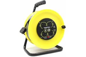 DUEPEKT 4 Socket Cable Reel | 50m Extension Lead | 13A with Thermal Cut Out | Heavy Duty Outdoor Extension Lead | Yellow High Visibility Cable