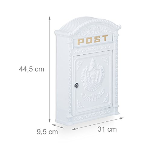 Relaxdays Briefkasten Antik, Englischer Wandbriefkasten, Aluguss, Briefschlitz für DIN A4, HBT: 44,5 x 31 x 9,5 cm, weiß - 3