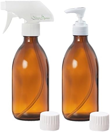 Premium Quality 300ML Glass Spray Bottle + Lotion Pump Set by Nomara Organics: Empty, 1x 300ml Amber Glass Bottle with Trigger Spray Mist Pump + 1x 300ml Amber Glass Bottle with Lotion /Oil /Serum Pump Dispenser & 2x Leak proof Caps. Re-usable Bottles Ideal for Organic Aromatherapy Oils /Lotions/Serums, Eco-Friendly Cleaning Products, Hair Care Sprays