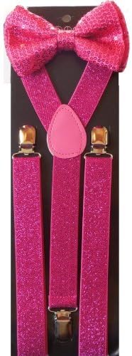 Leema Men's Awesome Clipon Braces Sequin Bowtie And Glitter Suspenders Set One Size Pink