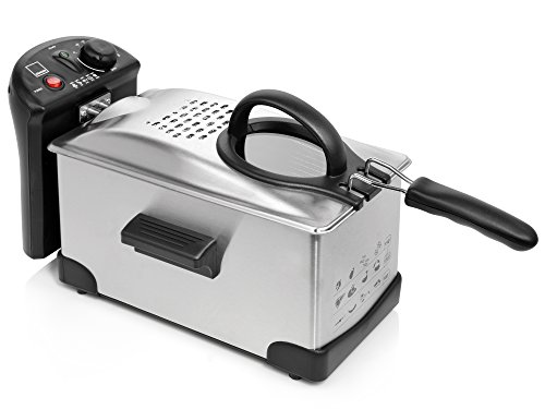 Sänger Fritteuse aus Edelstahl | 2.100 Watt Leistung | 3 Liter Fassungsvermögen | Kaltzonen Friteuse mit stufenlosem Thermostat und Temperaturkontrollleuchte | Deckel verhindert Fettspritzer