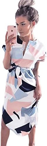 Gorgeya Womens Dresses Summer Casual V-Neck Short Sleeve Geometric Pattern Belted Midi Dress(White XL)