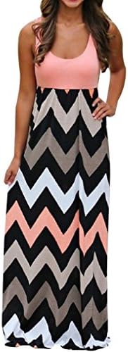 Clemunn Women Dress Clearance!!! Womens Wave Striped Long Boho Dress Ladies Sleeveless Beach Summer Sundress Maxi Dress Casual Party Club Dress Plus Size (Orange, M)